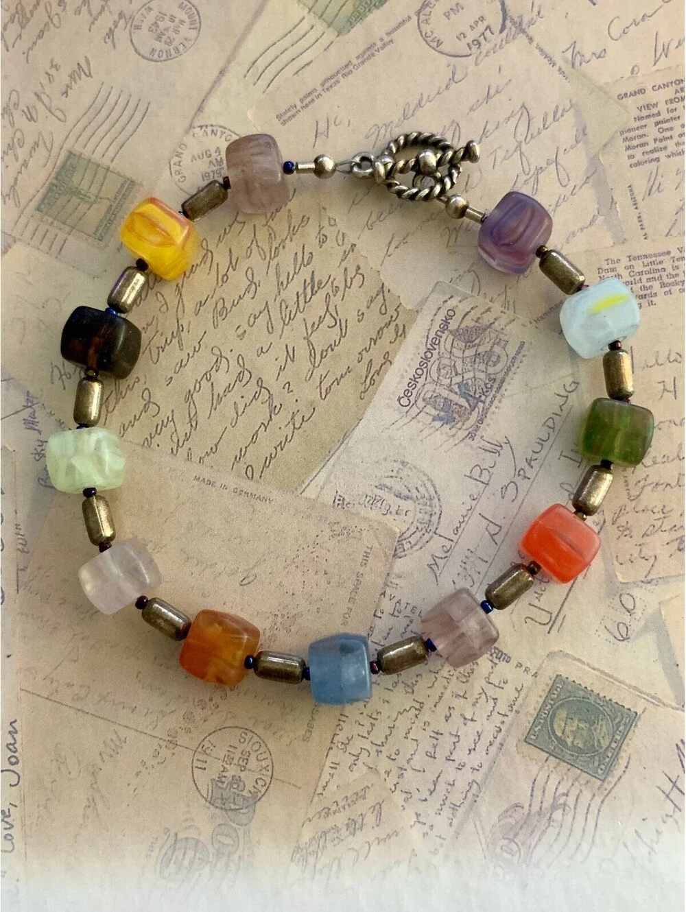 Vintage Genuine Bohemian Colorful Glass Bead Bracelet Toggle Clasp Unique Charm